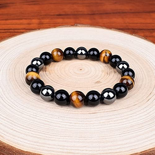 Triple Protection Bracelet, Natural Hematite, Tiger Eye, Black Onyx Gemstone Crystal Beads Stretch Hand Band / Bracelet