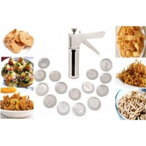 Stainless Steel Kitchen Press Bhujia maker for Murukku Maker/Bhujiya Maker/Noodles/Cookies/Chakali Maker with 15 Interchangeable Blades - halfrate.in