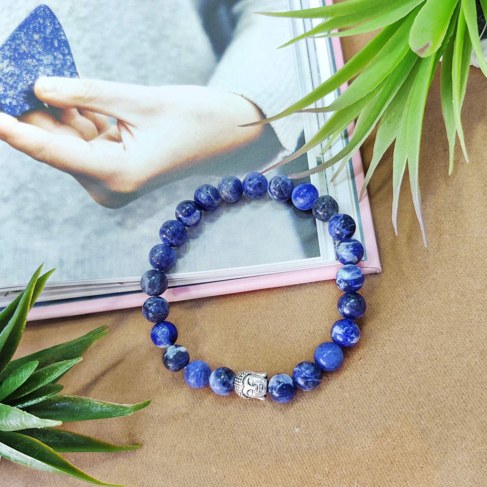 Natural Gemstone 8mm Beads Lapis Lazuli Crystal with Buddha Unisex Bracelet for Healing, Reiki, Vastu