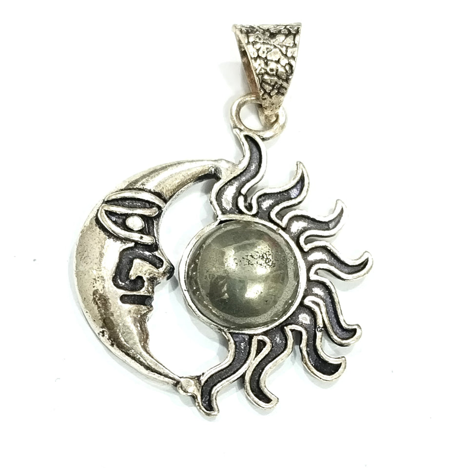 Natural Golden Pyrite Mounted in Sun Moon Pendant for Men and Women Attract Wealth and Prosperity