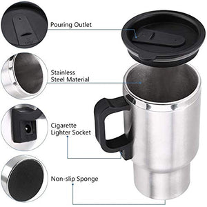 Electric Vacuum Flask Cup 12 V 65°C Car Kettle Mug Travel Stainless Steel Heating Cup for Coffee Tea 450ml