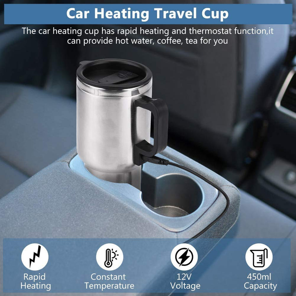 Electric Vacuum Flask Cup 12 V 65°C Car Kettle Mug Travel Stainless Steel Heating Cup for Coffee Tea 450ml