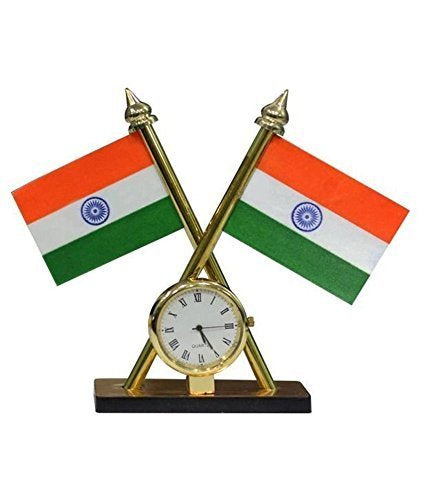 Indian Flag Cross Pair with Analog Clock For Office Desk, Table & Room Universal Showpiece Car Dashboard Decoration