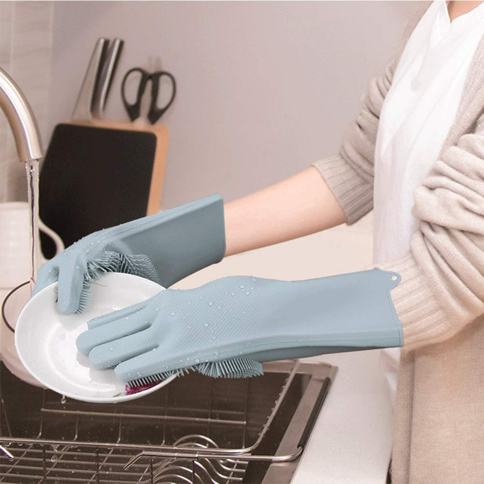 Silicone Gloves with Wash Scrubber Reusable Brush Heat Resistant Gloves Kitchen Cleaning - halfrate.in