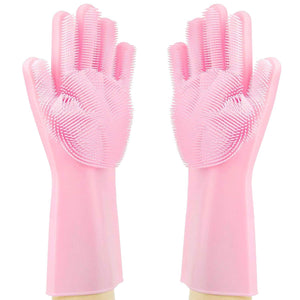 Silicone Gloves with Wash Scrubber Reusable Brush Heat Resistant Gloves Kitchen Cleaning - halfrate.in