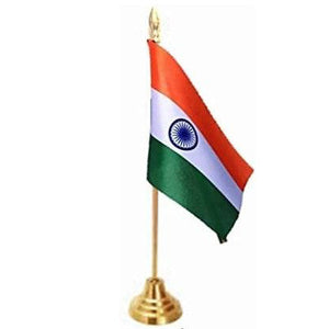 India Flag Table Top Desktop Brass Single Rod with Heavy Base and Cloth Replaceable Flag for Home, Car Dashboard, Office