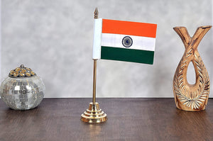 India Flag Table Top Desktop Brass Single Rod with Heavy Base and Cloth Replaceable Flag for Home, Car Dashboard, Office