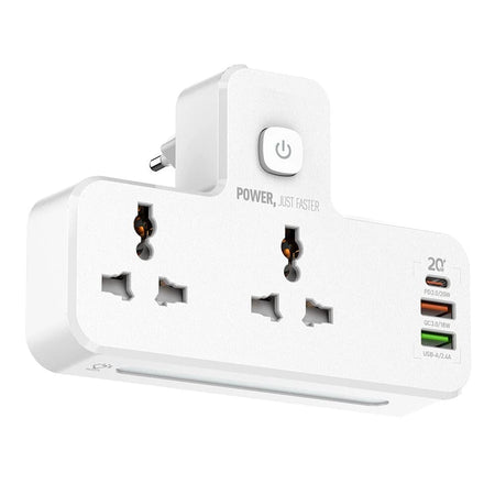 Extension Power Strip with 2500 W 10 A USB Ports | 2 Power Socket with 20W Type C USB PD QC 3.0 Fast USB Port | Multi Port Extension with USB Port and Touch Night Lamp