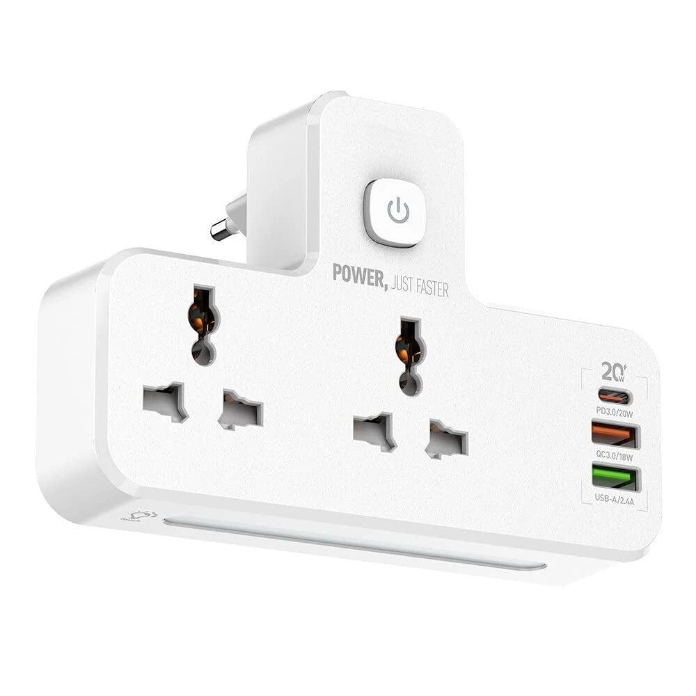 Extension Power Strip with 2500 W 10 A USB Ports | 2 Power Socket with 20W Type C USB PD QC 3.0 Fast USB Port | Multi Port Extension with USB Port and Touch Night Lamp