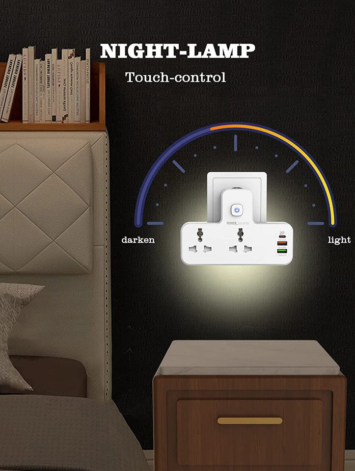Extension Power Strip with 2500 W 10 A USB Ports | 2 Power Socket with 20W Type C USB PD QC 3.0 Fast USB Port | Multi Port Extension with USB Port and Touch Night Lamp