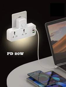 Extension Power Strip with 2500 W 10 A USB Ports | 2 Power Socket with 20W Type C USB PD QC 3.0 Fast USB Port | Multi Port Extension with USB Port and Touch Night Lamp