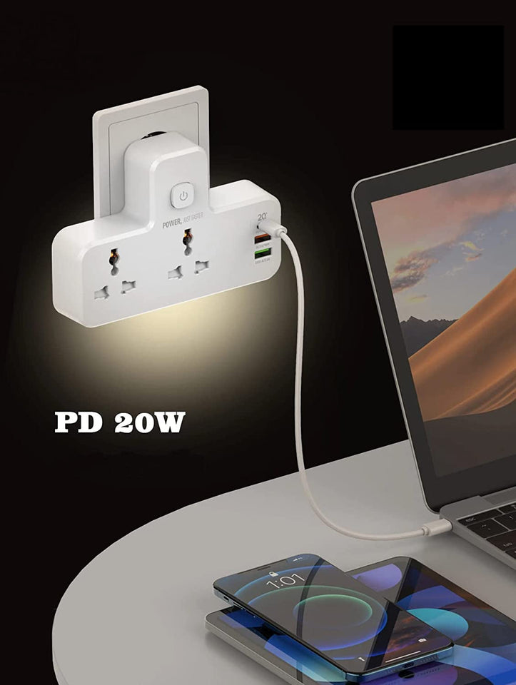 Extension Power Strip with 2500 W 10 A USB Ports | 2 Power Socket with 20W Type C USB PD QC 3.0 Fast USB Port | Multi Port Extension with USB Port and Touch Night Lamp