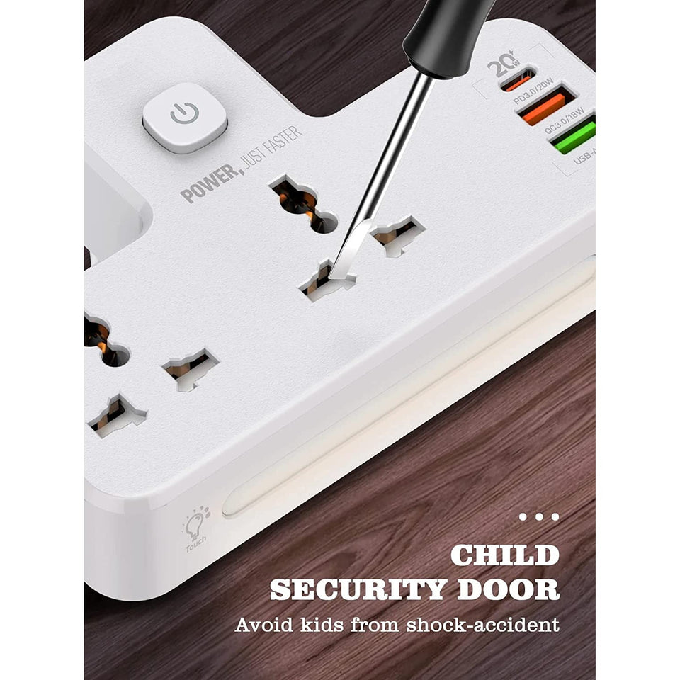 Extension Power Strip with 2500 W 10 A USB Ports | 2 Power Socket with 20W Type C USB PD QC 3.0 Fast USB Port | Multi Port Extension with USB Port and Touch Night Lamp