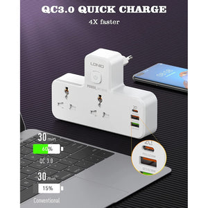 Extension Power Strip with 2500 W 10 A USB Ports | 2 Power Socket with 20W Type C USB PD QC 3.0 Fast USB Port | Multi Port Extension with USB Port and Touch Night Lamp