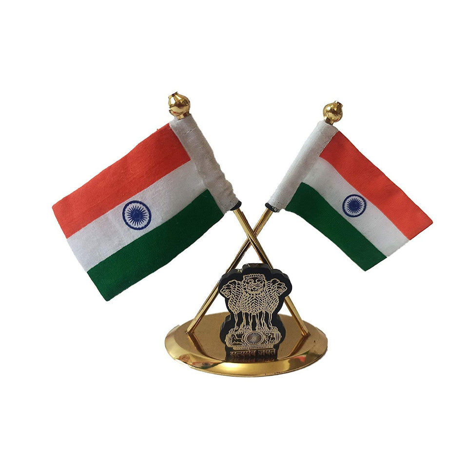 Double Indian Flags Crossed Made of Brass with National Emblem Symbol of Satyamev Jayate with Khadi Fabric for Car Dashboard, Gifts, Home, Office