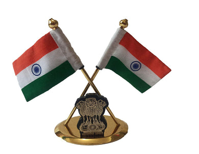 Double Indian Flags Crossed Made of Brass with National Emblem Symbol of Satyamev Jayate with Khadi Fabric for Car Dashboard, Gifts, Home, Office