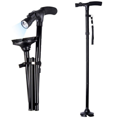 Walking Stick LED Folding Walking Triple Head Pivot Base Foldable Walking Cane for Men, Women - Fold-up, Collapsible, Lightweight, Adjustable