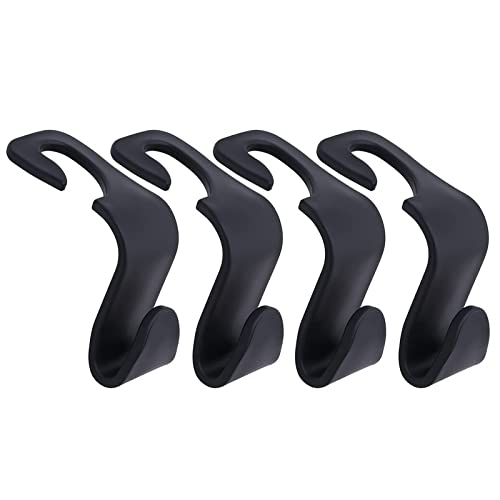 Car Backseat Head Rest Hook/Hanger, Plastic Storage Holder for Groceries, Handbags, Coat, Purse and Bags - (Pack of 4) - Black