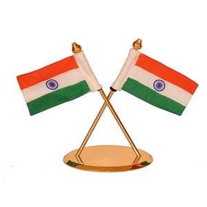 Double Indian Flags Crossed Made with Brass with Khadi Fabric for Car Dashboard, Gifts, Home, Office