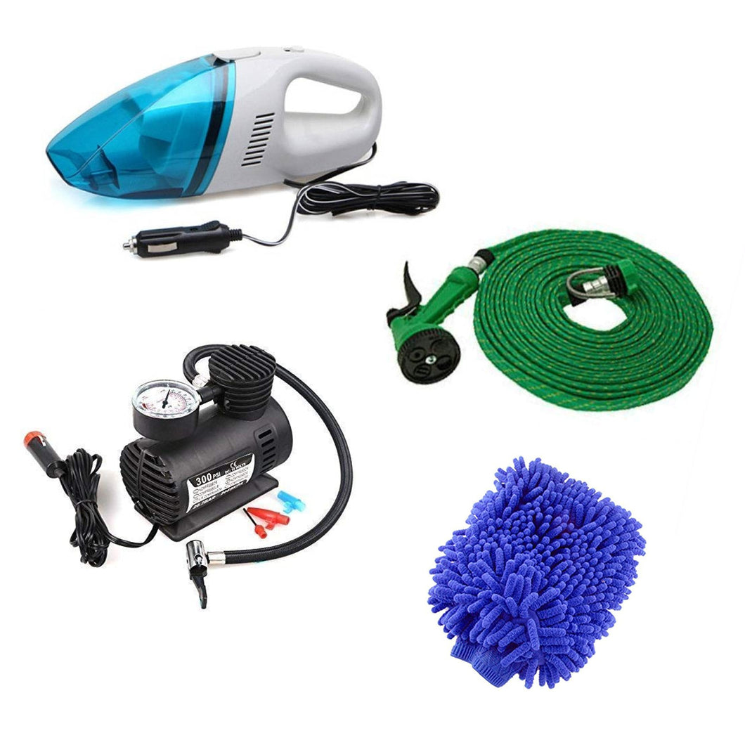 Car Care Combo - Air Compressor + Water Gun + Car Vacuum Cleaner + Micro Fiber Glove