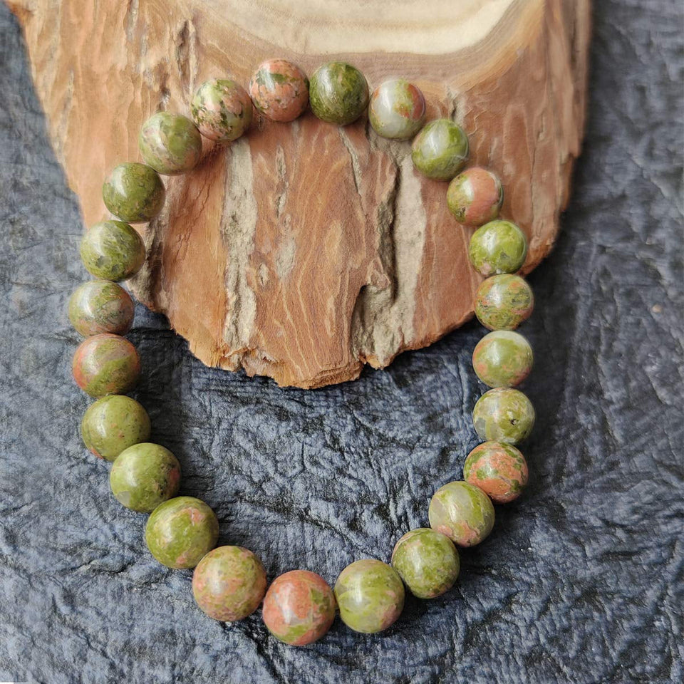 Natural Unakite 8 mm Bracelet for Heart Chakra Crystal Stone Bracelet Round Shape for Reiki Healing and Crystal Healing Stones