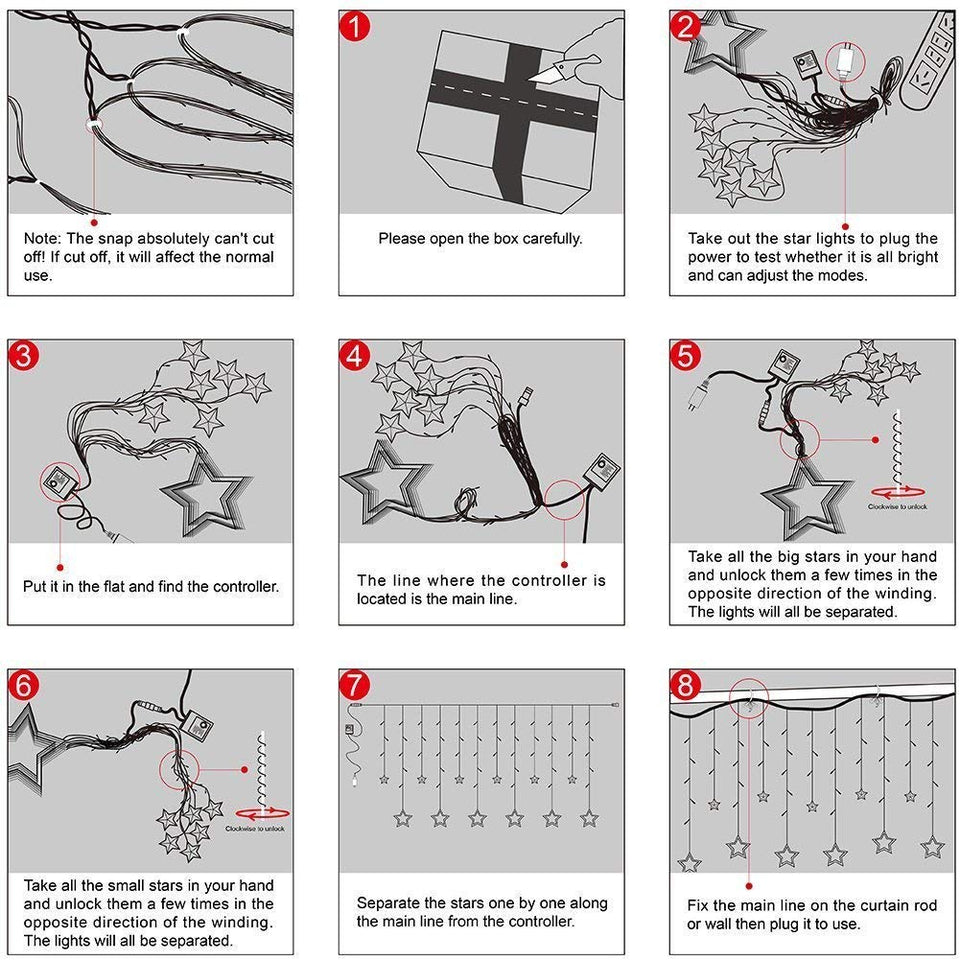 Star Curtain Light 6 Big Star 6 Small Star 138 LED lights with 8 Flashing Modes for Decoration for Diwali, Christmas, Birthday