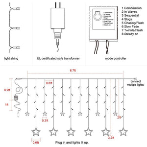 Star Curtain Light 6 Big Star 6 Small Star 138 LED lights with 8 Flashing Modes for Decoration for Diwali, Christmas, Birthday