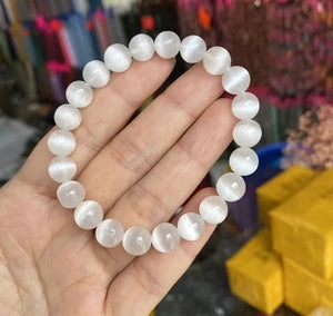 Round Beads White Selenite Stone Bracelet 8mm For Reiki Chakra Yoga Meditation Semi Precious Gemstone Stretchable Bracelet