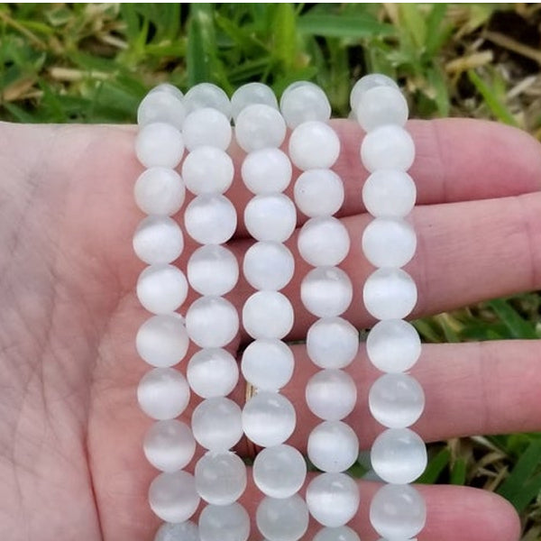 White Selenite Stone Bracelet 10 mm Round Beads For Reiki Chakra Yoga Meditation Semi Precious Gemstone Stretchable Bracelet