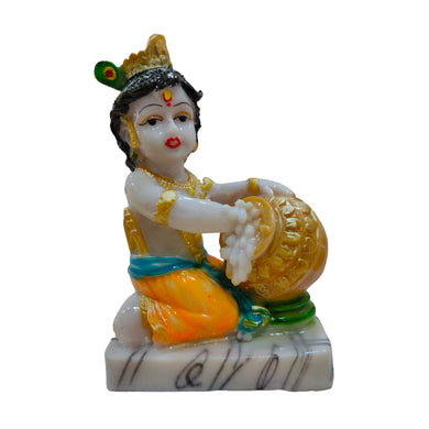 Bal Krishna Maakhan Chor Idol Handcrafted Handmade Marble Dust Polyresin - 14 x 9 cm perfect for Home, Office, Gifting MCC-1