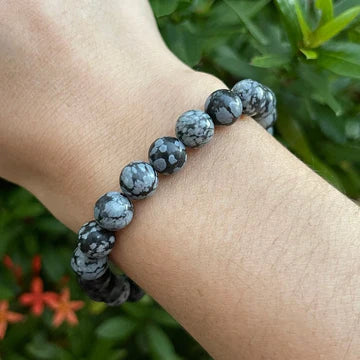 Round Energized Snowflake Obsidian Bracelet 8mm single Bracelet, Snowflake Obsidian stone, Grey Black