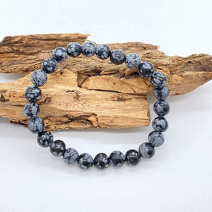 Round Energized Snowflake Obsidian Bracelet 8mm single Bracelet, Snowflake Obsidian stone, Grey Black