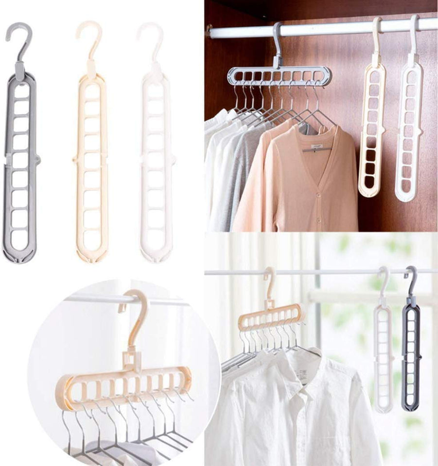 Space Saver Folding Hangers for ClothesWardrobe Anti-Skid Plastic Magic Clothes Hanger - 360º Swivel Hook - 9-Holes Design Closet Organiser Hanger set of 3