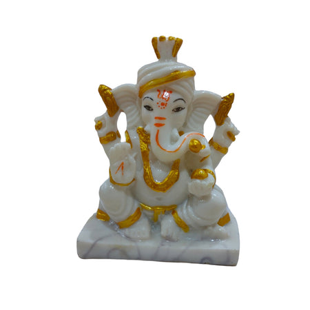 Ganesha with Pagdi White Idol Handcrafted Handmade Marble Dust Polyresin - 13 x 10 cm perfect for Home, Office, Gifting PGW-1