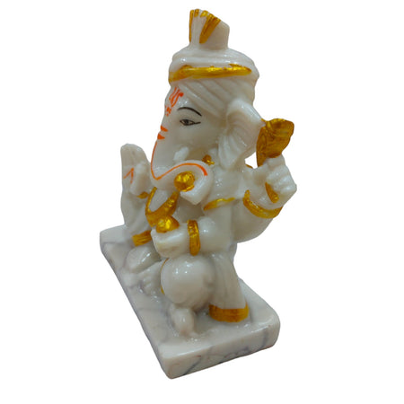 Ganesha with Pagdi White Idol Handcrafted Handmade Marble Dust Polyresin - 13 x 10 cm perfect for Home, Office, Gifting PGW-1