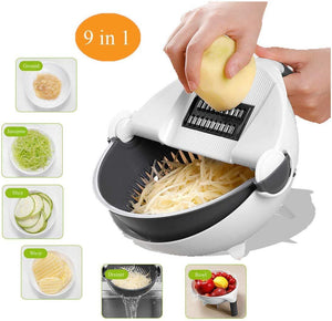 9 in 1 Julienne Slicer with Drain Basket Multi Fuction Food Strainer Fruit Colander Vegetable Slicer Grater Food Cutter Shredder - halfrate.in