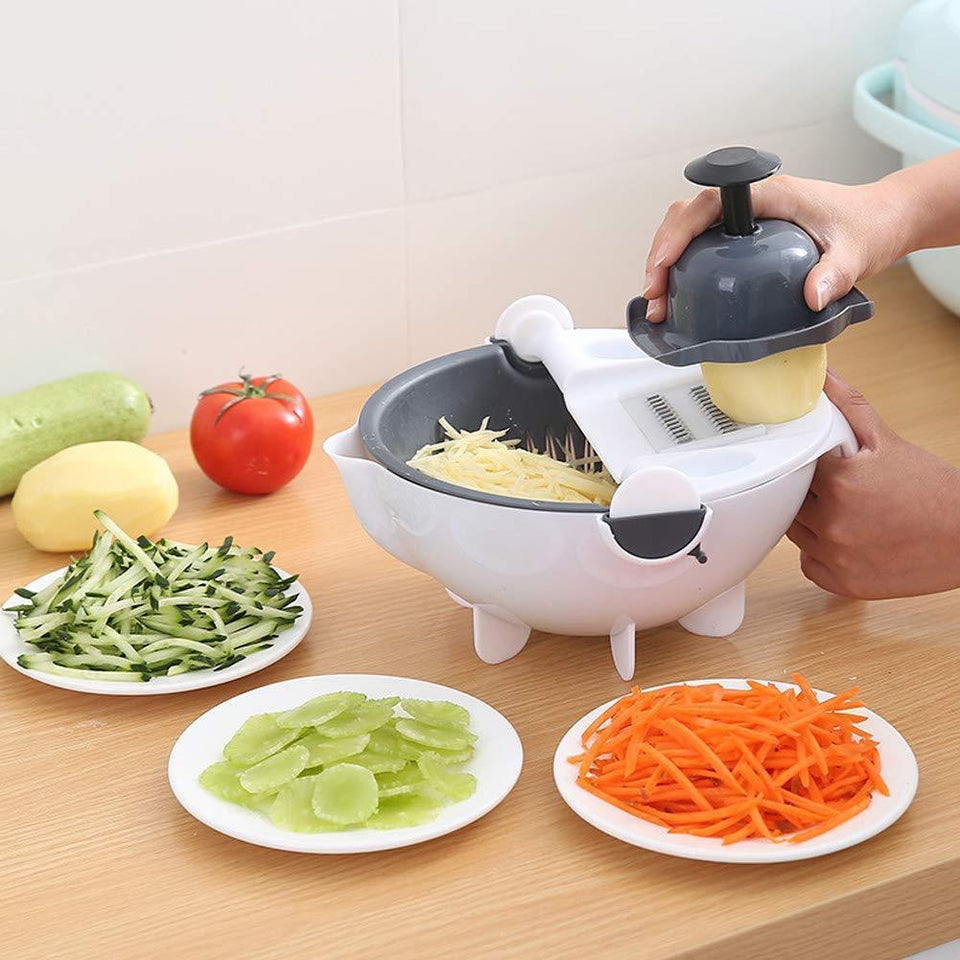 9 in 1 Julienne Slicer with Drain Basket Multi Fuction Food Strainer Fruit Colander Vegetable Slicer Grater Food Cutter Shredder - halfrate.in