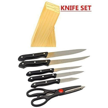 7 Pcs Imported Kitchen Knife Set Stainless steel with Wooden Block Stand Chef's Carver Boning Utility Pairing Knives and Scissors - halfrate.in