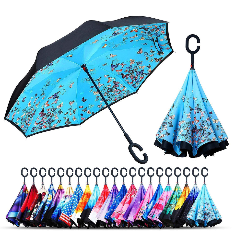Double Layer Inverted Umbrella, Umbrella Windproof, Reverse Umbrella with UV Protection, Upside Down Umbrella with C-Shaped Handle