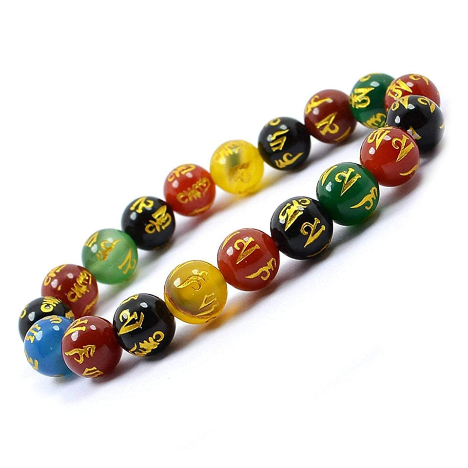 Om Mani Padme Hum Multigem Crystal Stone Bracelet 7 Chakra Reiki 8 mm Bead Bracelet Round Shape for Meditation and Healing