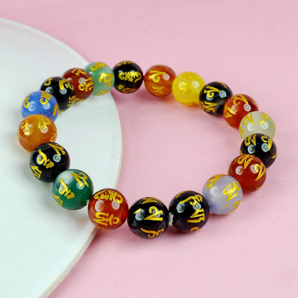 Om Mani Padme Hum Multigem Crystal Stone Bracelet 7 Chakra Reiki 8 mm Bead Bracelet Round Shape for Meditation and Healing