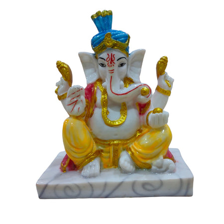 Ganesha with Pagadi Idol Big Handcrafted Handmade Marble Dust Polyresin - 15 x 19 cm perfect for Home, Office, Gifting PGC-2