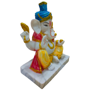 Ganesha with Pagadi Idol Big Handcrafted Handmade Marble Dust Polyresin - 15 x 19 cm perfect for Home, Office, Gifting PGC-2