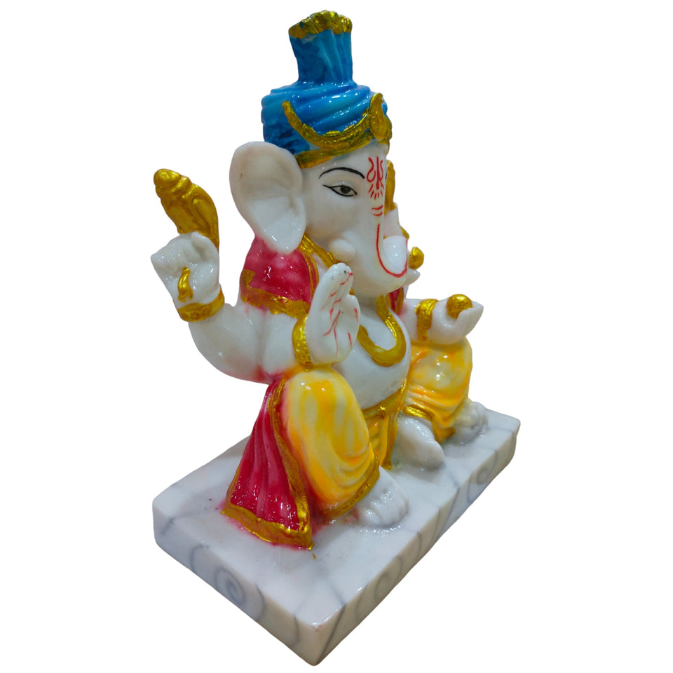 Ganesha with Pagadi Idol Big Handcrafted Handmade Marble Dust Polyresin - 15 x 19 cm perfect for Home, Office, Gifting PGC-2