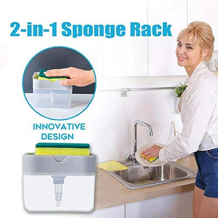 Plastic Liquid Soap Press Type Pump Dispenser with Sponge Holder for Kitchen Sink Dishwasher (2 in 1 Durable Rustproof, 380 ml (1-Sponge Free)