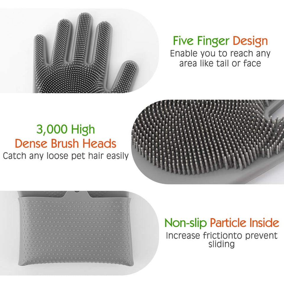 Pet Grooming Gloves, Silicone Hair Remover Brush Glove with High Density Teeth Brush, Gentle Bathing Shampoo Massage Gloves