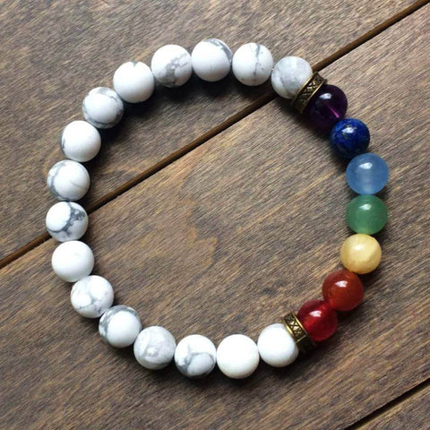 7 Chakra Semi-Precious Stones with Howlite Charm Reiki Chakra Healing Yoga Meditation Crystal Fengshui 8mm Gemstones Beads Bracelet