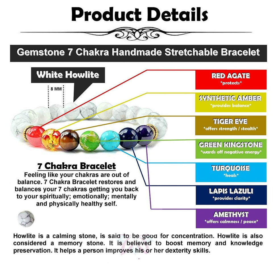 7 Chakra Semi-Precious Stones with Howlite Charm Reiki Chakra Healing Yoga Meditation Crystal Fengshui 8mm Gemstones Beads Bracelet