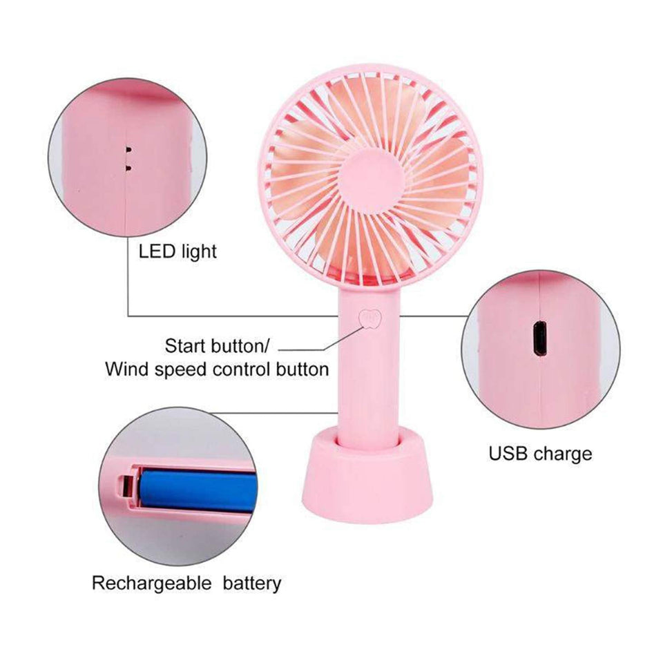 Mini Handheld Portable Fan USB Rechargeable Built-in Battery Operated Summer Cooling Desktop Fan with Standing Holder Handy Base for Home Office Outdoor Travel