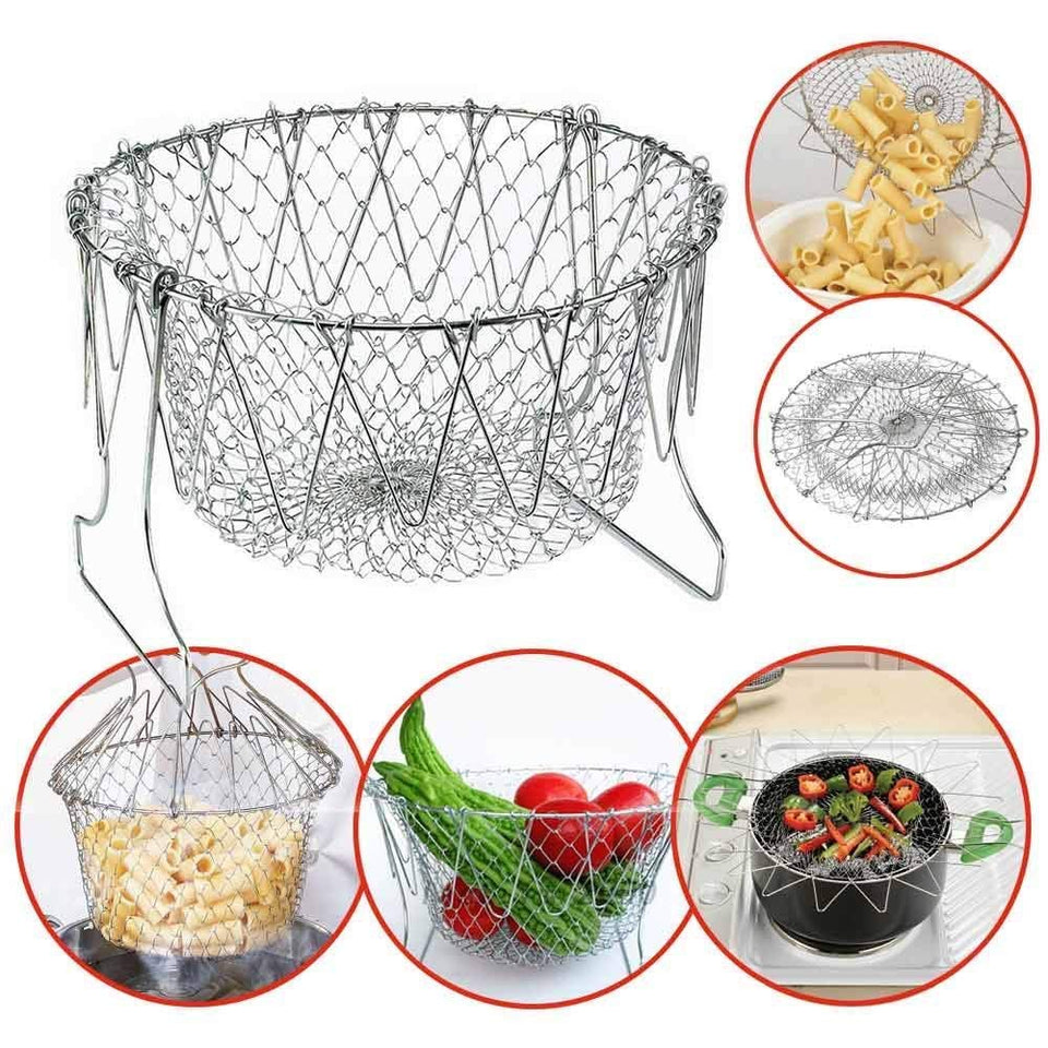 Stainless Steel Multi-Functional Foldable Cooking Chef Basket, Mesh Steam Rinse Strain Fry Basket Deep Fryer